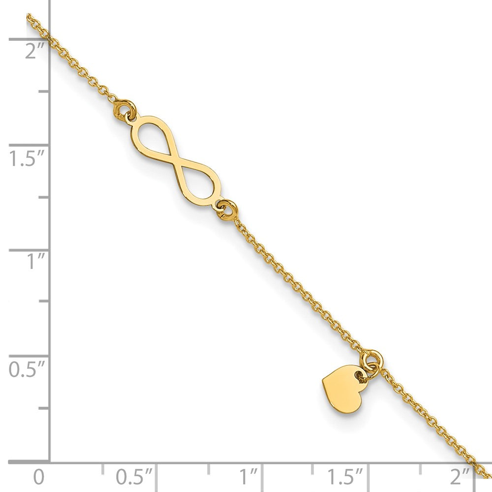 14K Yellow Gold Polished Infinity/dangle Heart 9in Plus 1in Ext. Anklet