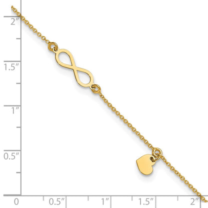 14K Yellow Gold Polished Infinity/dangle Heart 9in Plus 1in Ext. Anklet