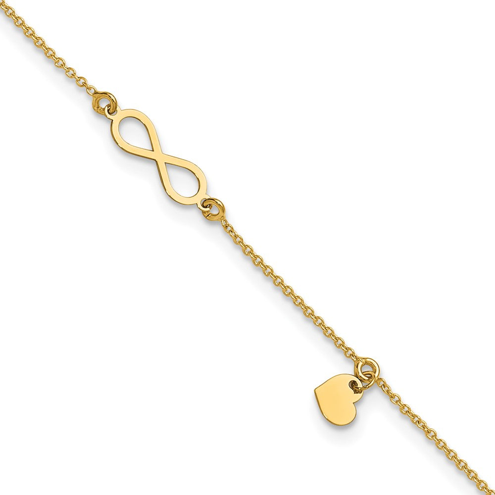14K Yellow Gold Polished Infinity/dangle Heart 9in Plus 1in Ext. Anklet