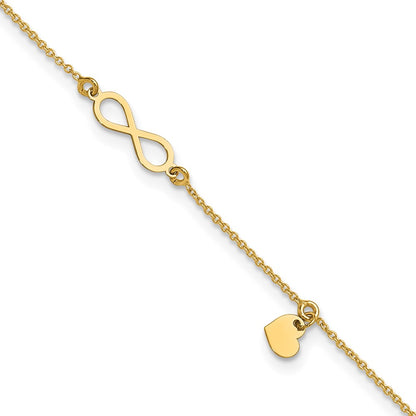 14K Yellow Gold Polished Infinity/dangle Heart 9in Plus 1in Ext. Anklet