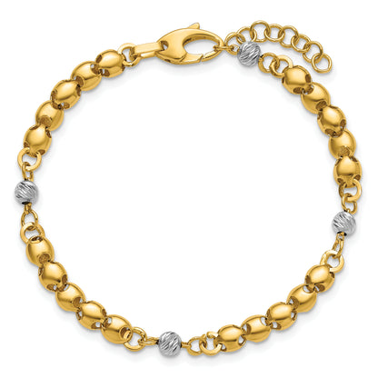 14K Yellow & Rhodium Polished D/C Beaded Oval Link 1In Ext. Bracelet