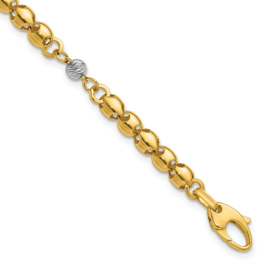 14K Yellow & Rhodium Polished D/C Beaded Oval Link 1In Ext. Bracelet