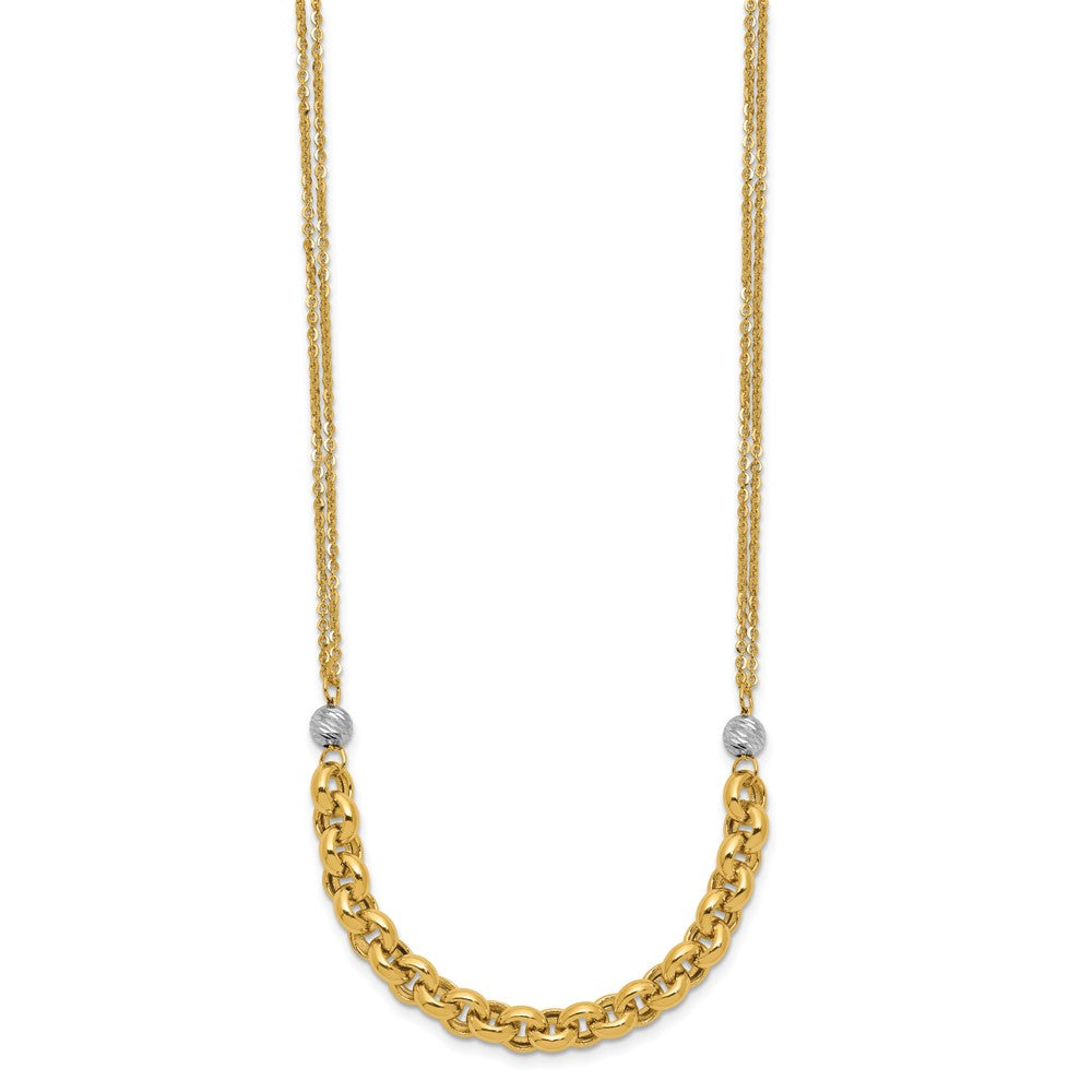 14K Yellow & Rhodium White Rh Polished D/C 2 Strand Rolo Link Necklace