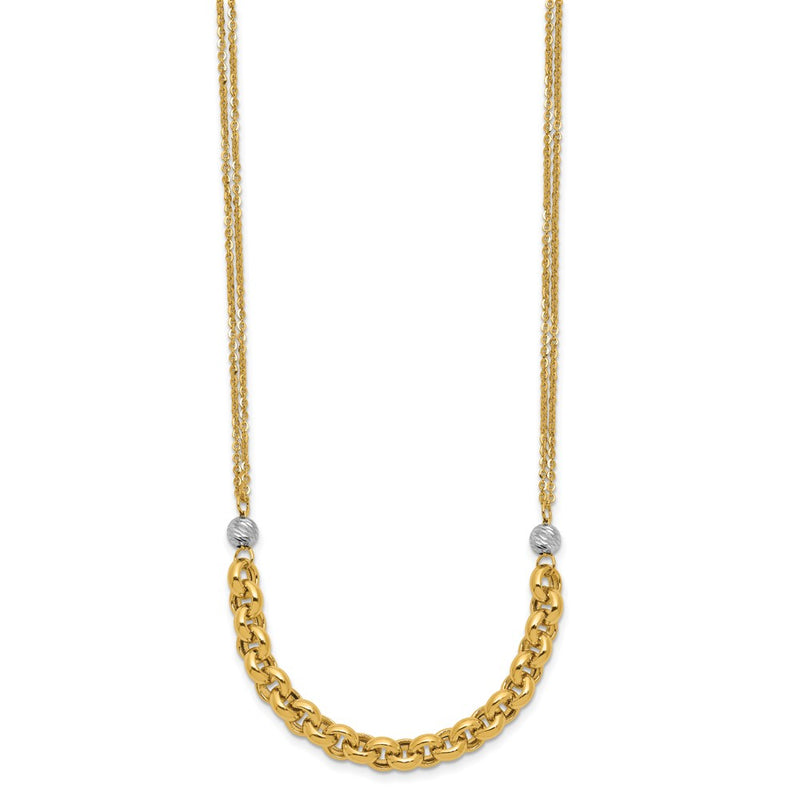 14K Yellow & Rhodium White Rh Polished D/C 2 Strand Rolo Link Necklace