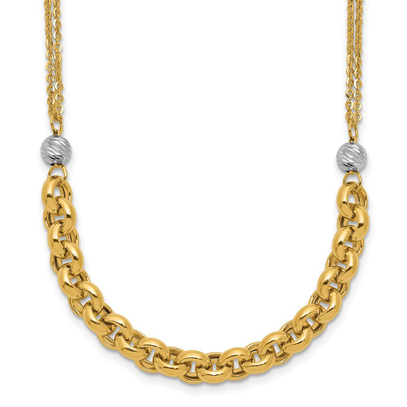 14K Yellow & Rhodium White Rh Polished D/C 2 Strand Rolo Link Necklace