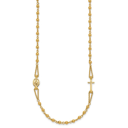 14K Yellow Gold Polish/Dia Cut/Beaded Religious Rosary Style Necklace
