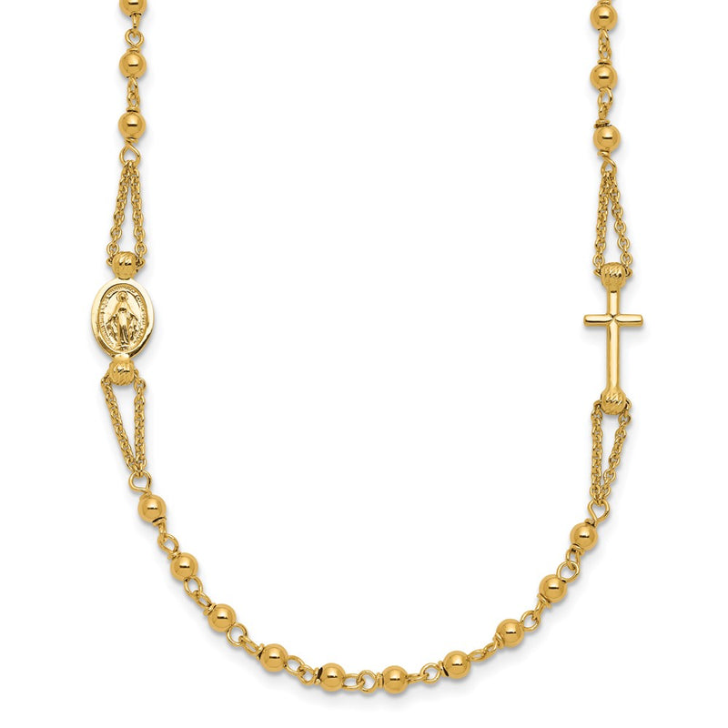 14K Yellow Gold Polish/Dia Cut/Beaded Religious Rosary Style Necklace