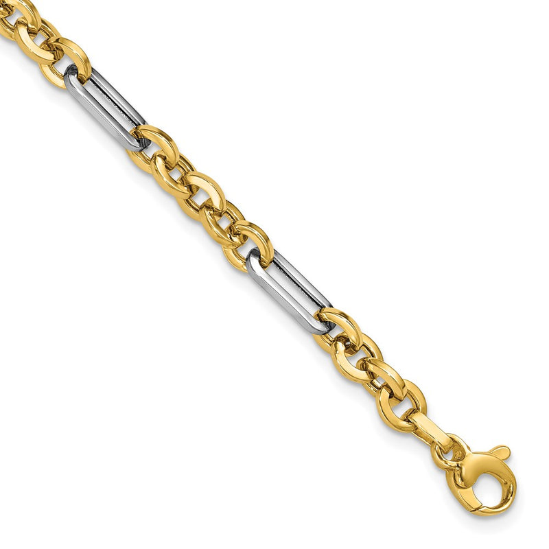 14K Yellow & Rhodium White Polished Cable And Paperclip Link Bracelet