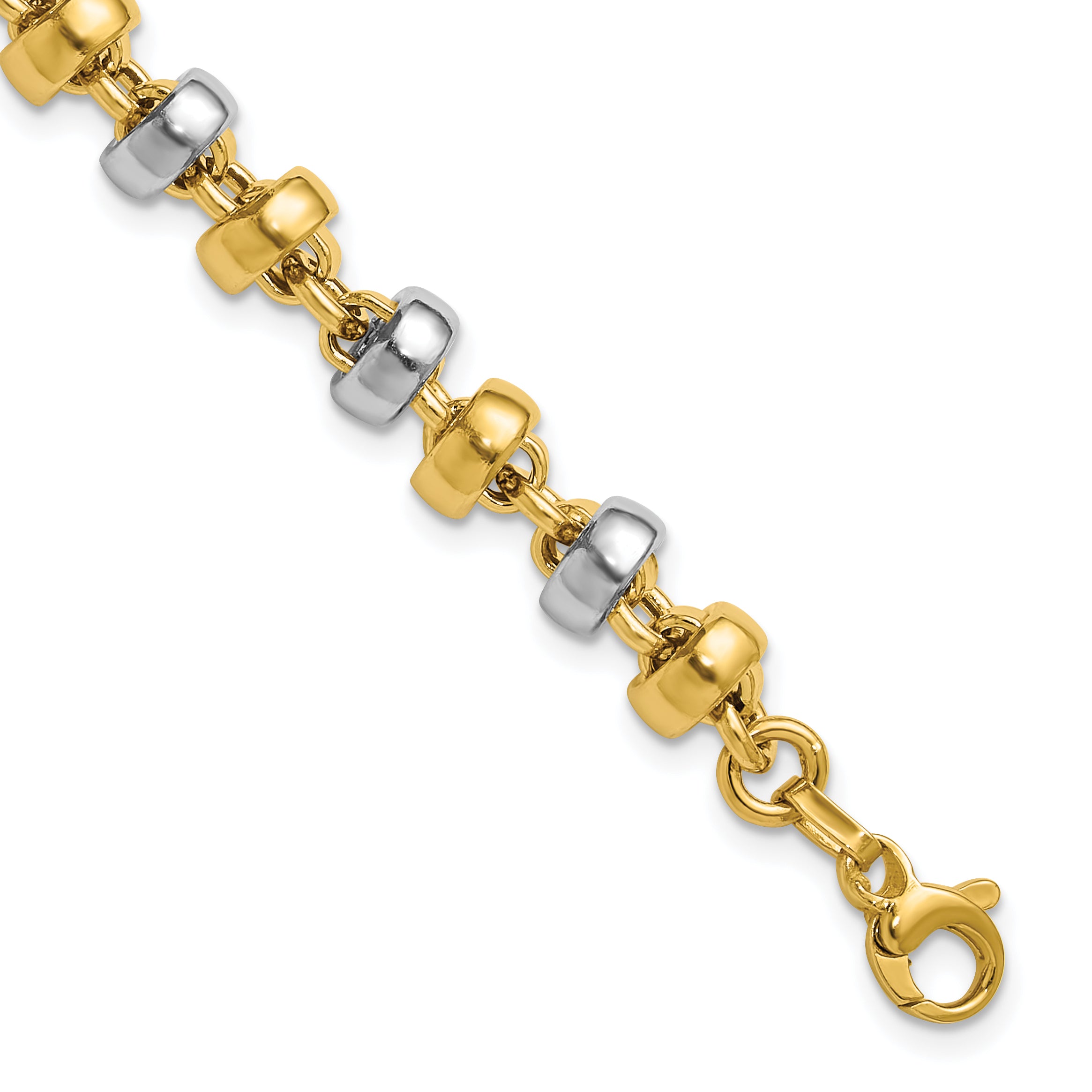 14K Yellow & Rhodium Wht Polish Moveable Beaded Link Bracelet