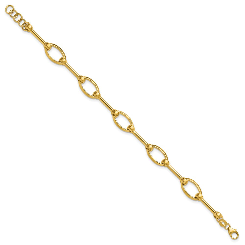 14K Yellow Gold Polished Bar And Oval Link W/ .5In Ext. Bracelet