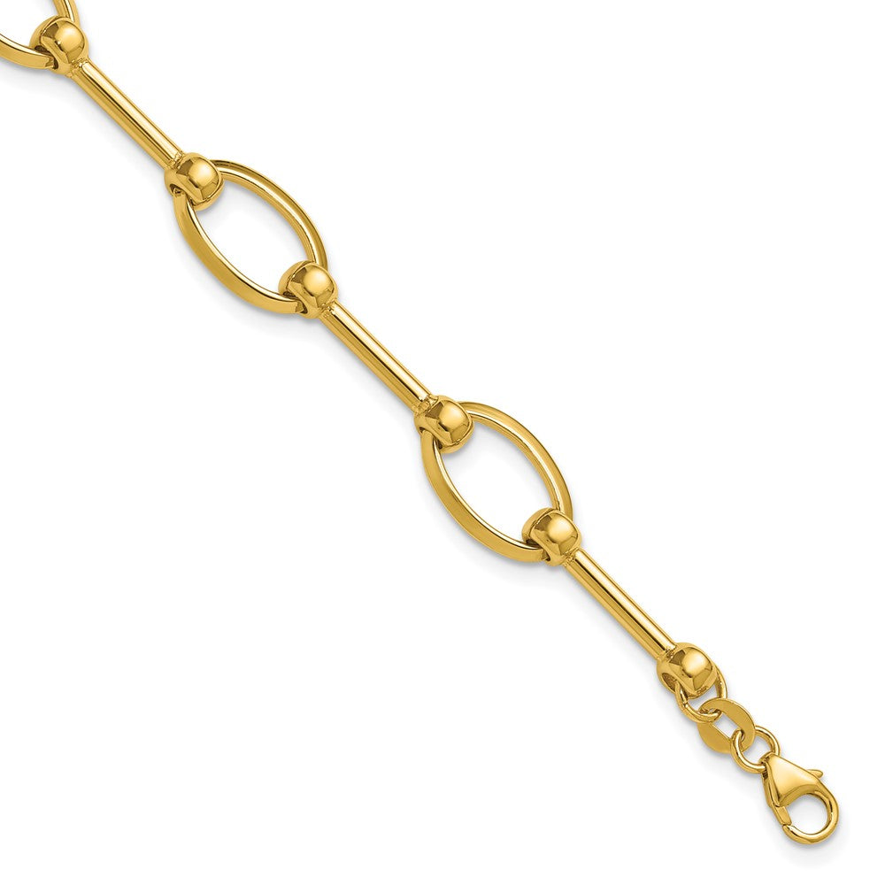 14K Yellow Gold Polished Bar And Oval Link W/ .5In Ext. Bracelet