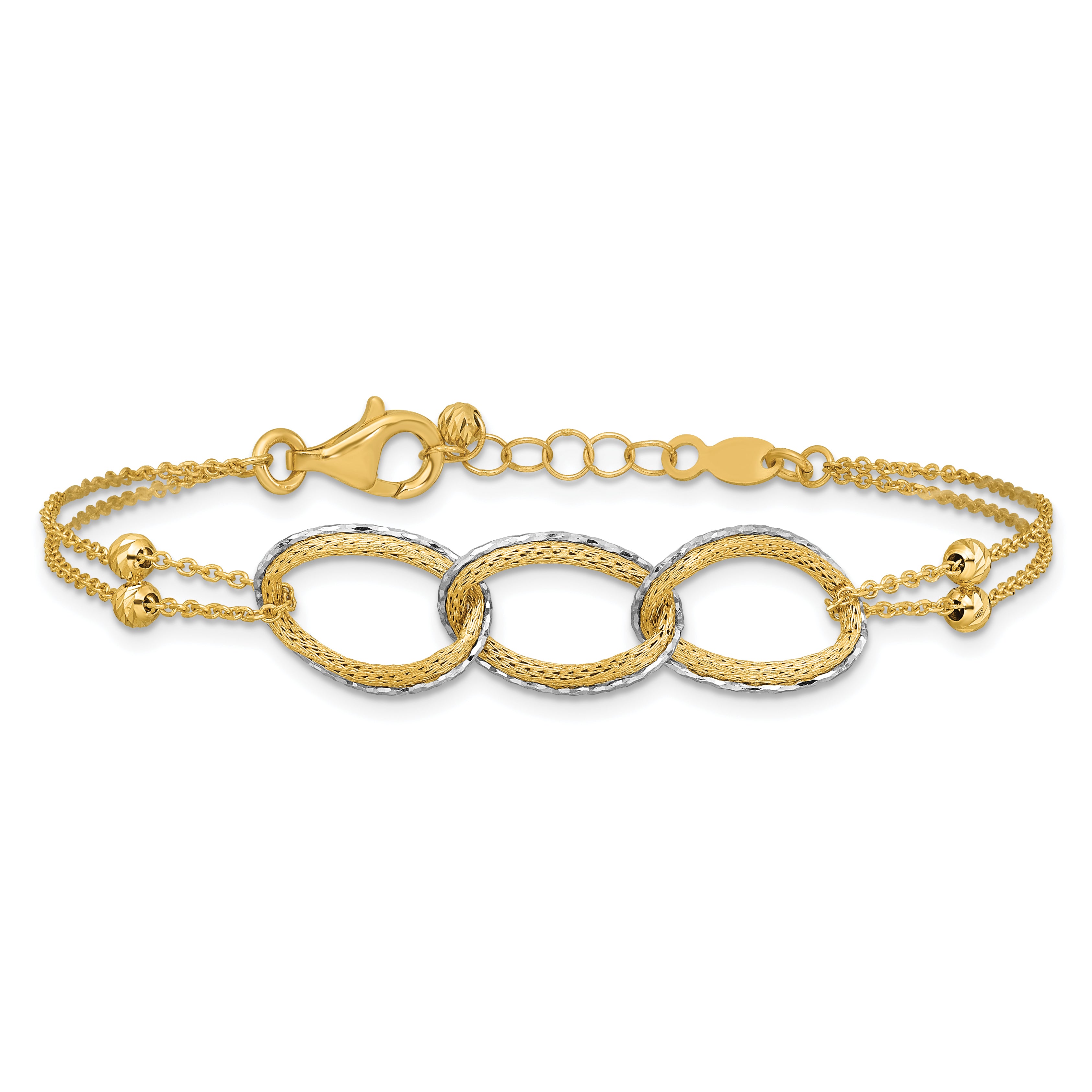 14K Two Tone 14Ktt Pol/Texture/Dia Cut 2 Strand Oval W/.5In Ext. Bracelet