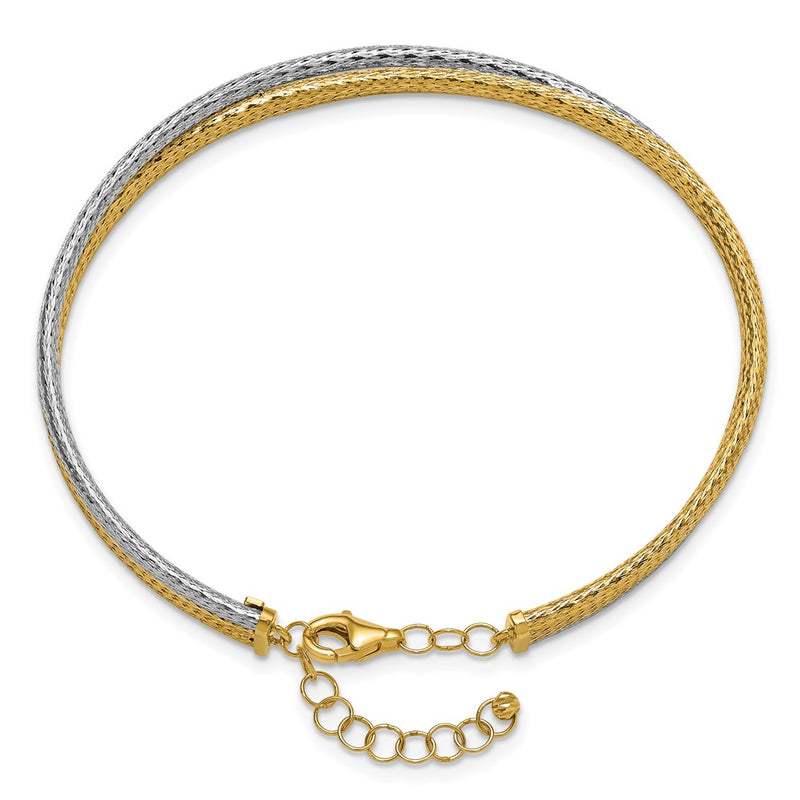 14K Two Tone 14Ktt Polished & Textured Fancy 3 Wire W/ 1In Ext. Bangle