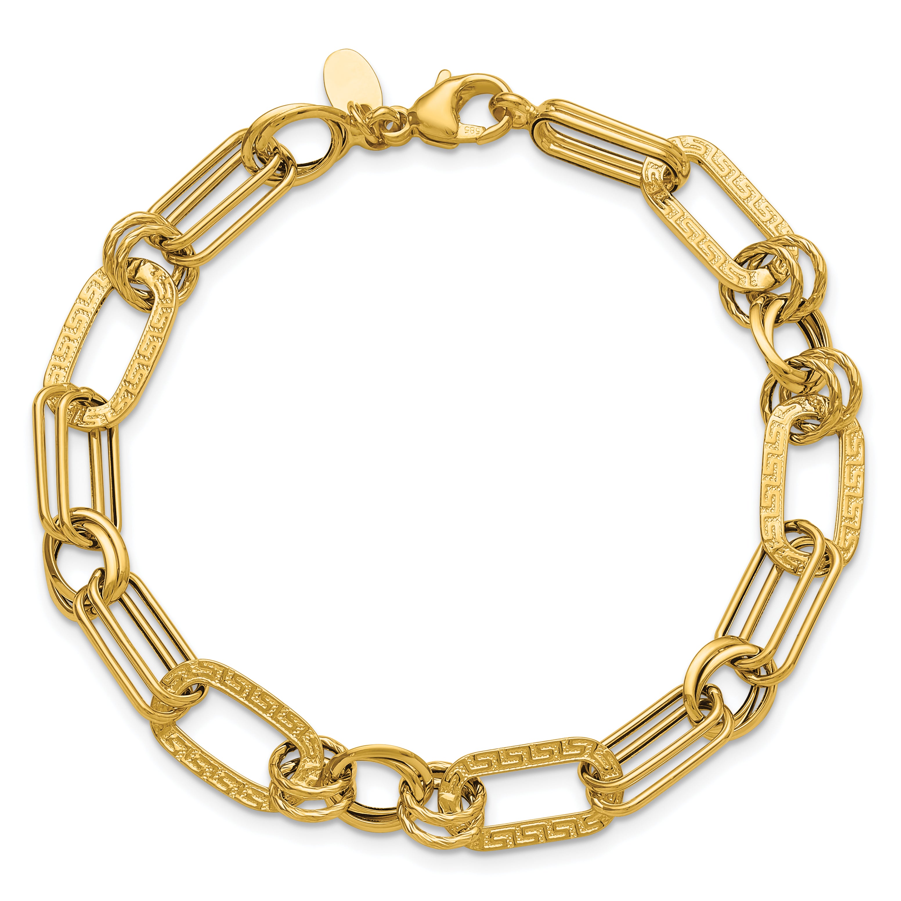 14K Yellow Gold Polished And Textured Fancy Greek Key Link Bracelet