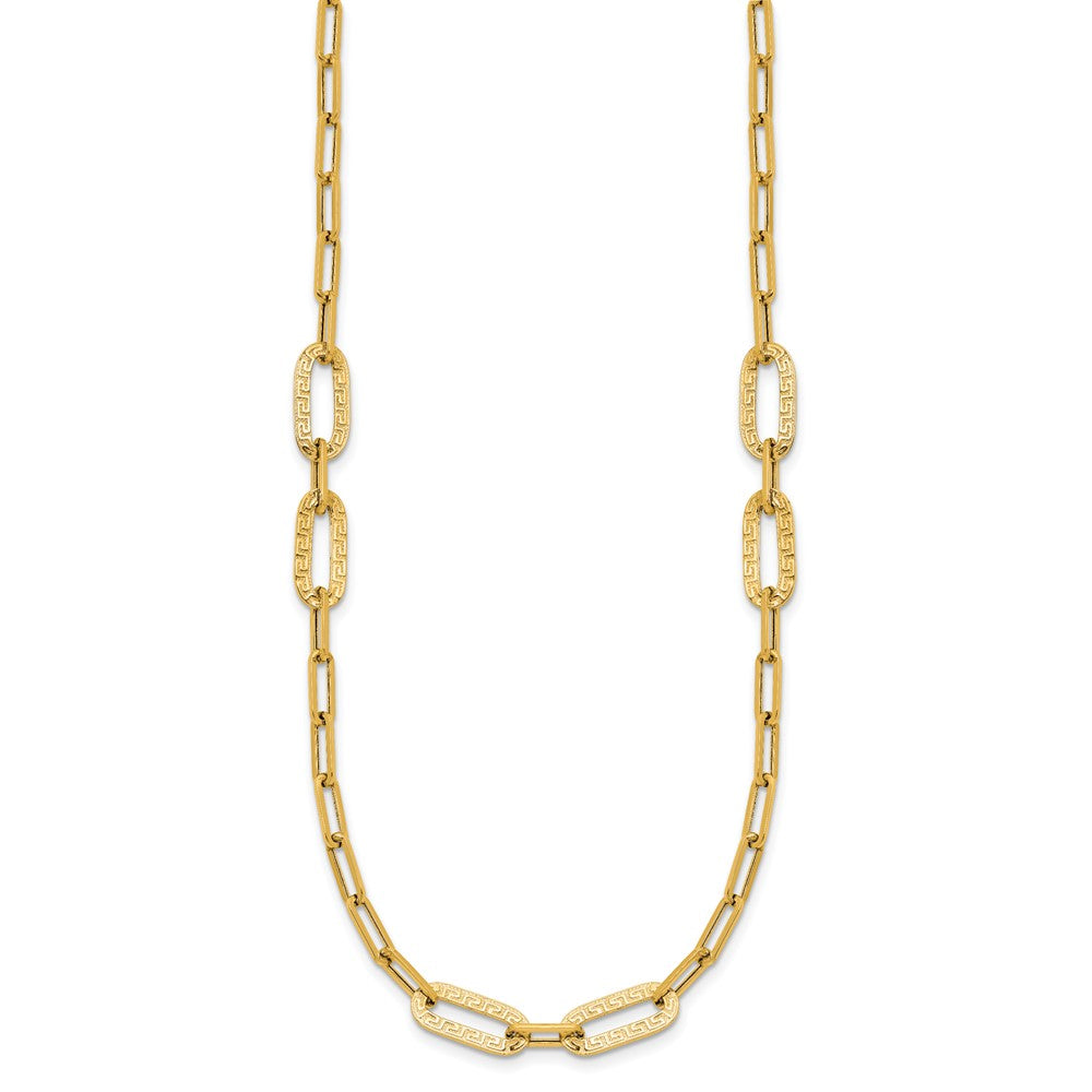 14K Yellow Gold Polished Textured Greek Key Paperclip Link Necklace