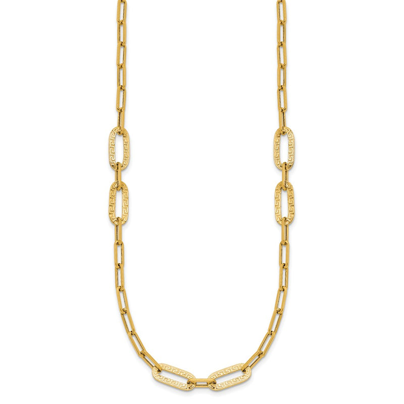 14K Yellow Gold Polished Textured Greek Key Paperclip Link Necklace