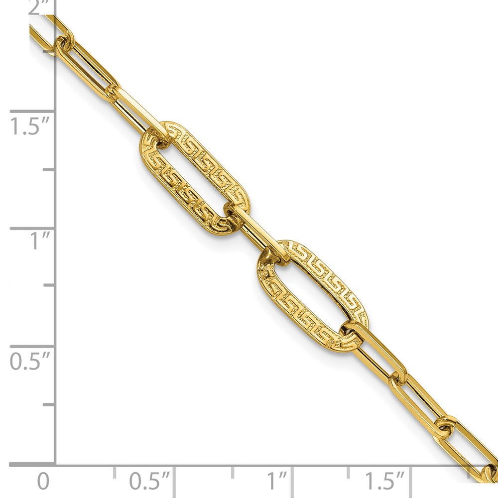14K Yellow Gold Polished Textured Greek Key Paperclip Link Bracelet