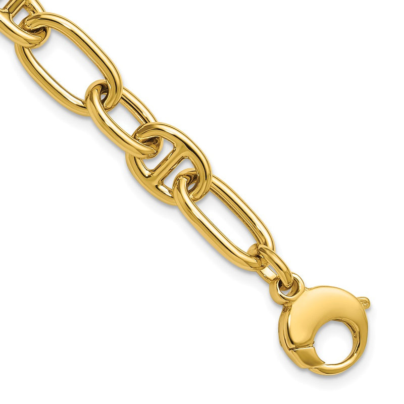 14K Yellow Gold Polished Mixed Oval And Anchor Link Chain Bracelet