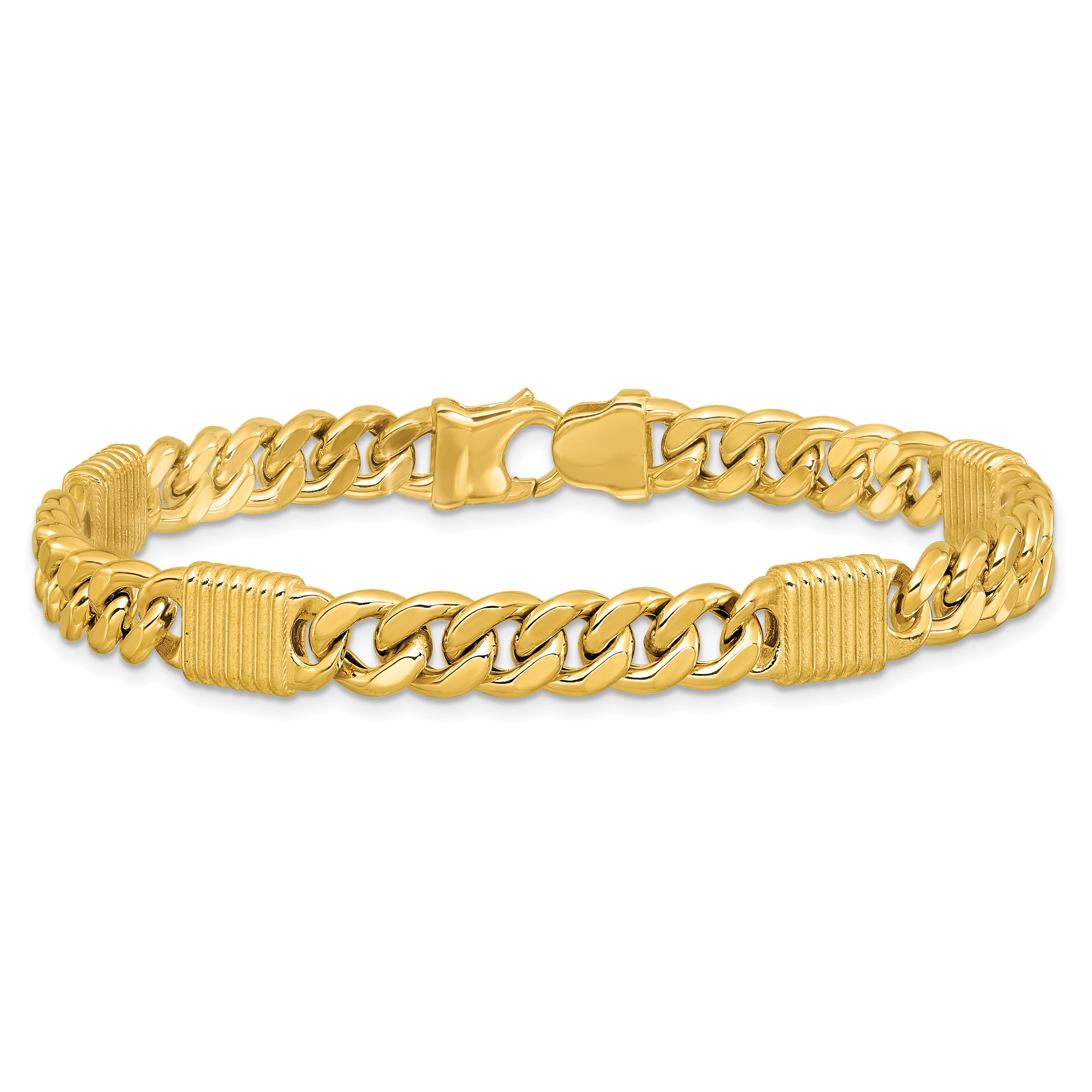 14K Yellow Gold Polished/Grooved Fancy Curb Link Station Men'S Bracelet