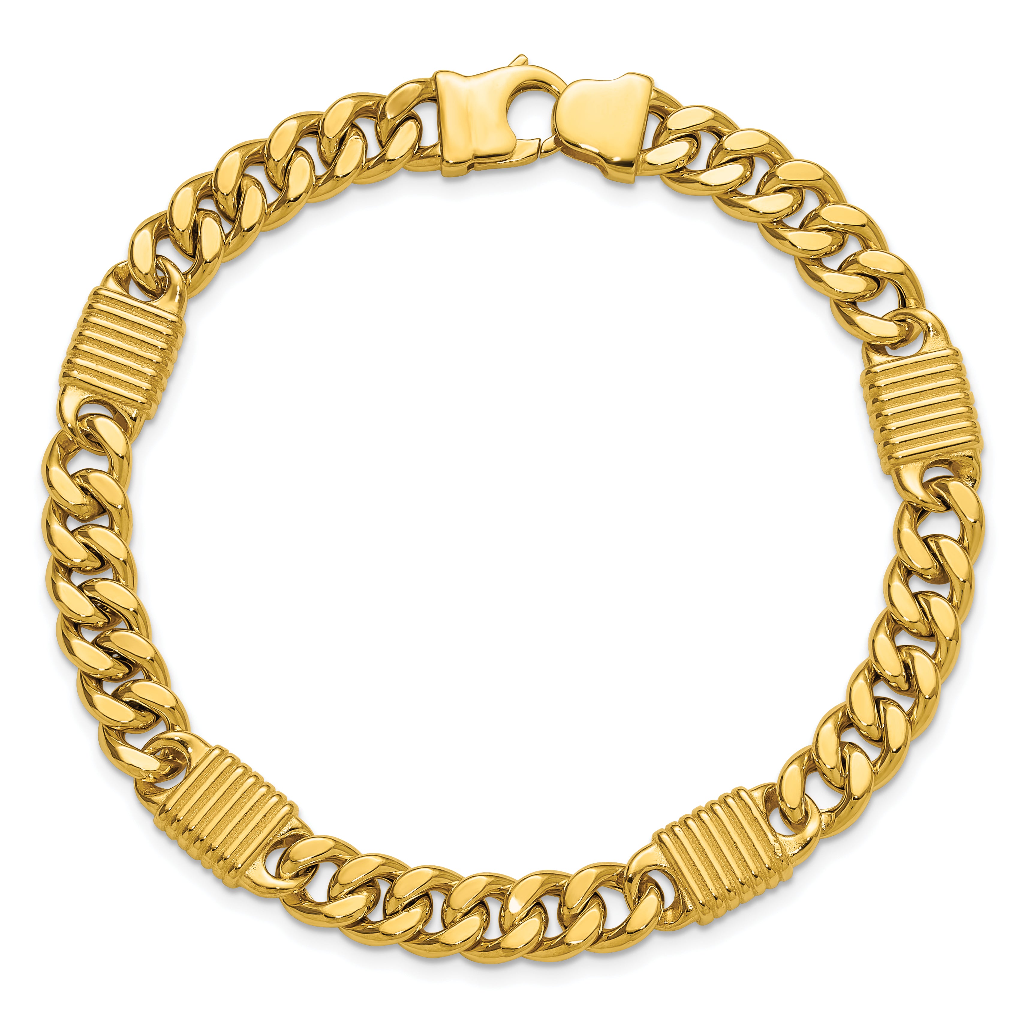 14K Yellow Gold Polished/Grooved Fancy Curb Link Station Men'S Bracelet