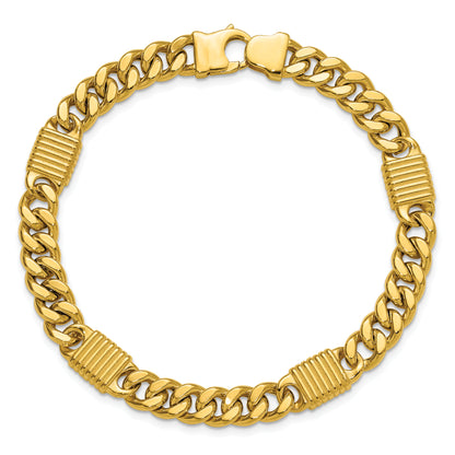 14K Yellow Gold Polished/Grooved Fancy Curb Link Station Men'S Bracelet