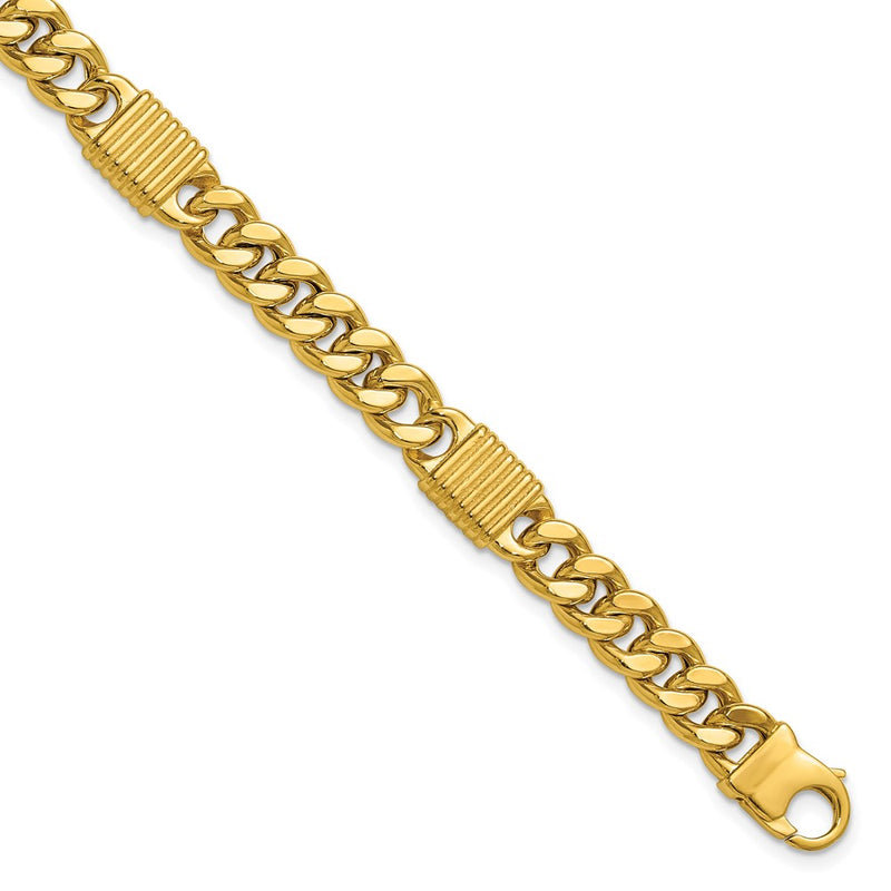 14K Yellow Gold Polished/Grooved Fancy Curb Link Station Men'S Chain Bracelet
