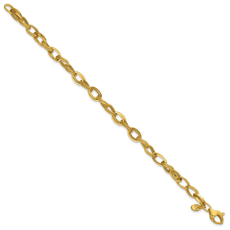 14K Yellow Gold Polished And Textured Fancy Oval Link Bracelet