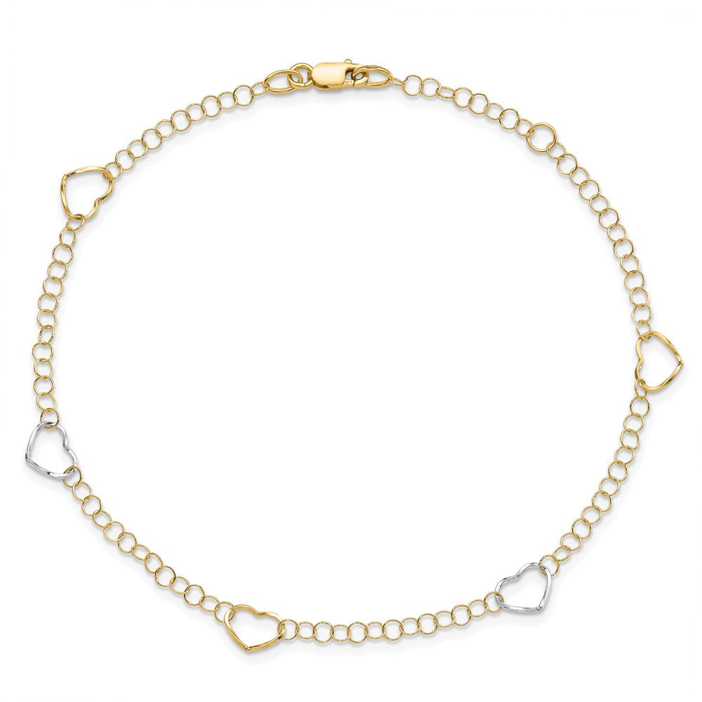 14K Two-Tone Polished Heart With 1In Ext. Anklet