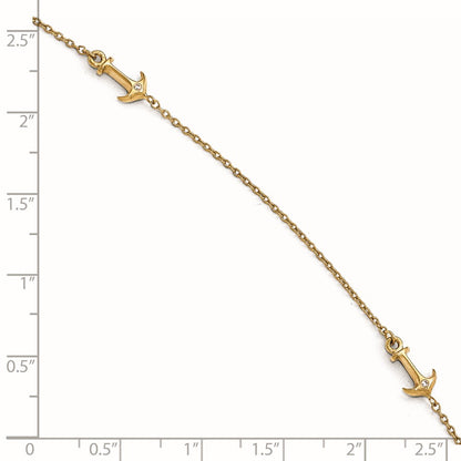 14K Yellow Gold Cz Polished Anchor With 1In Ext. Anklet