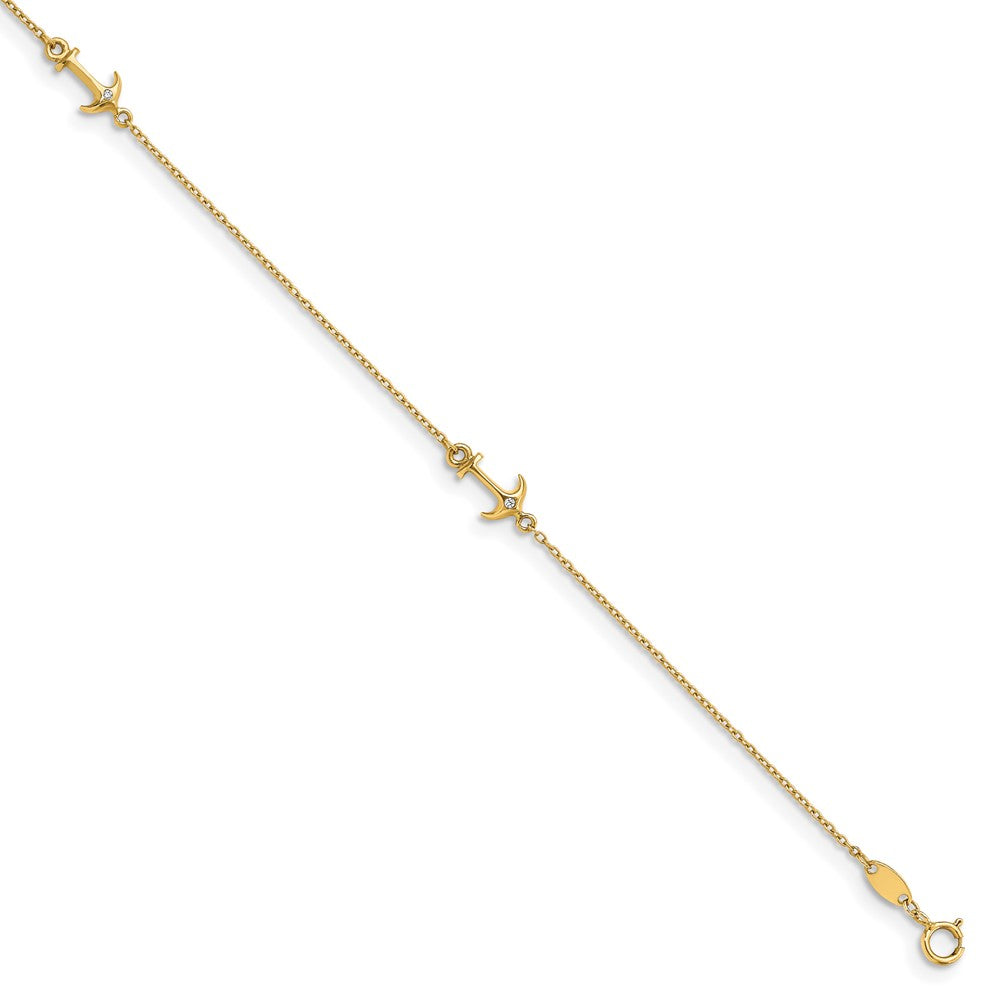 14K Yellow Gold Cz Polished Anchor With 1In Ext. Anklet