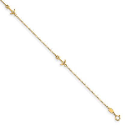 14K Yellow Gold Cz Polished Anchor With 1In Ext. Anklet