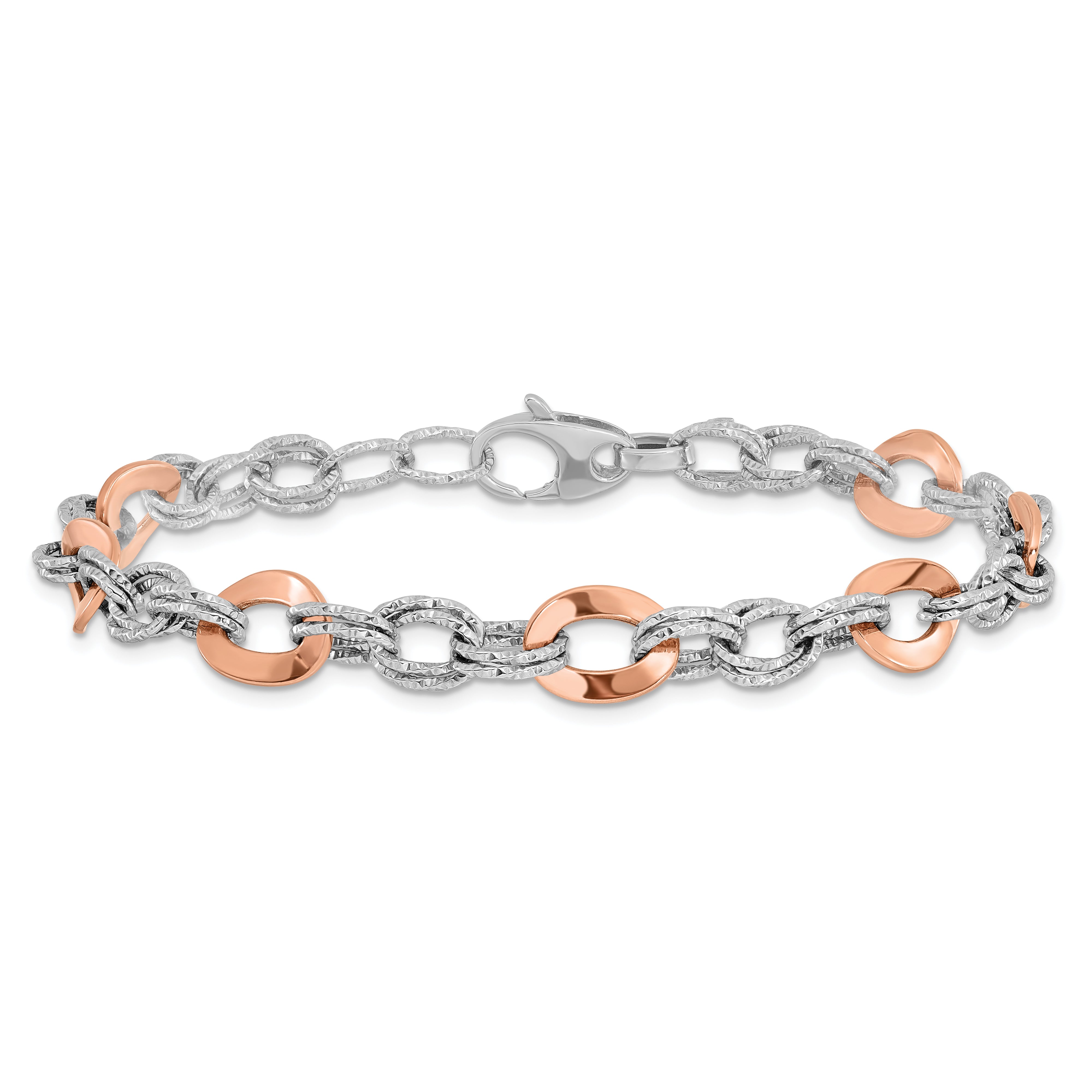 8 Inch 14K Rose And White Gold Polished D/C Fancy Link Bracelet