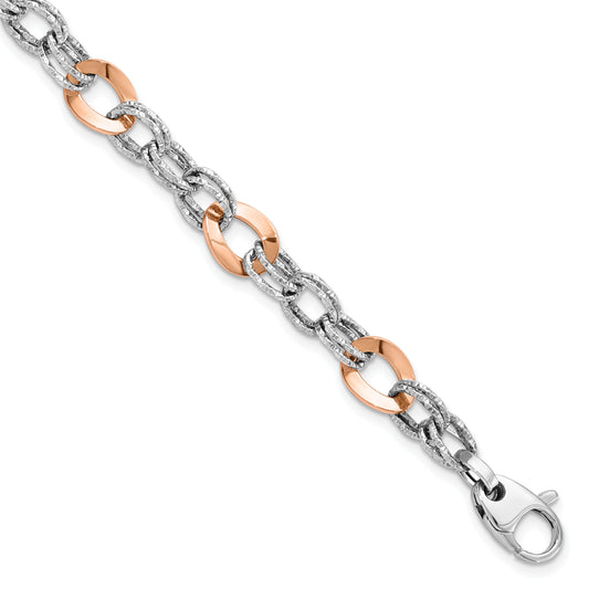 8 Inch 14K Rose And White Gold Polished D/C Fancy Link Bracelet