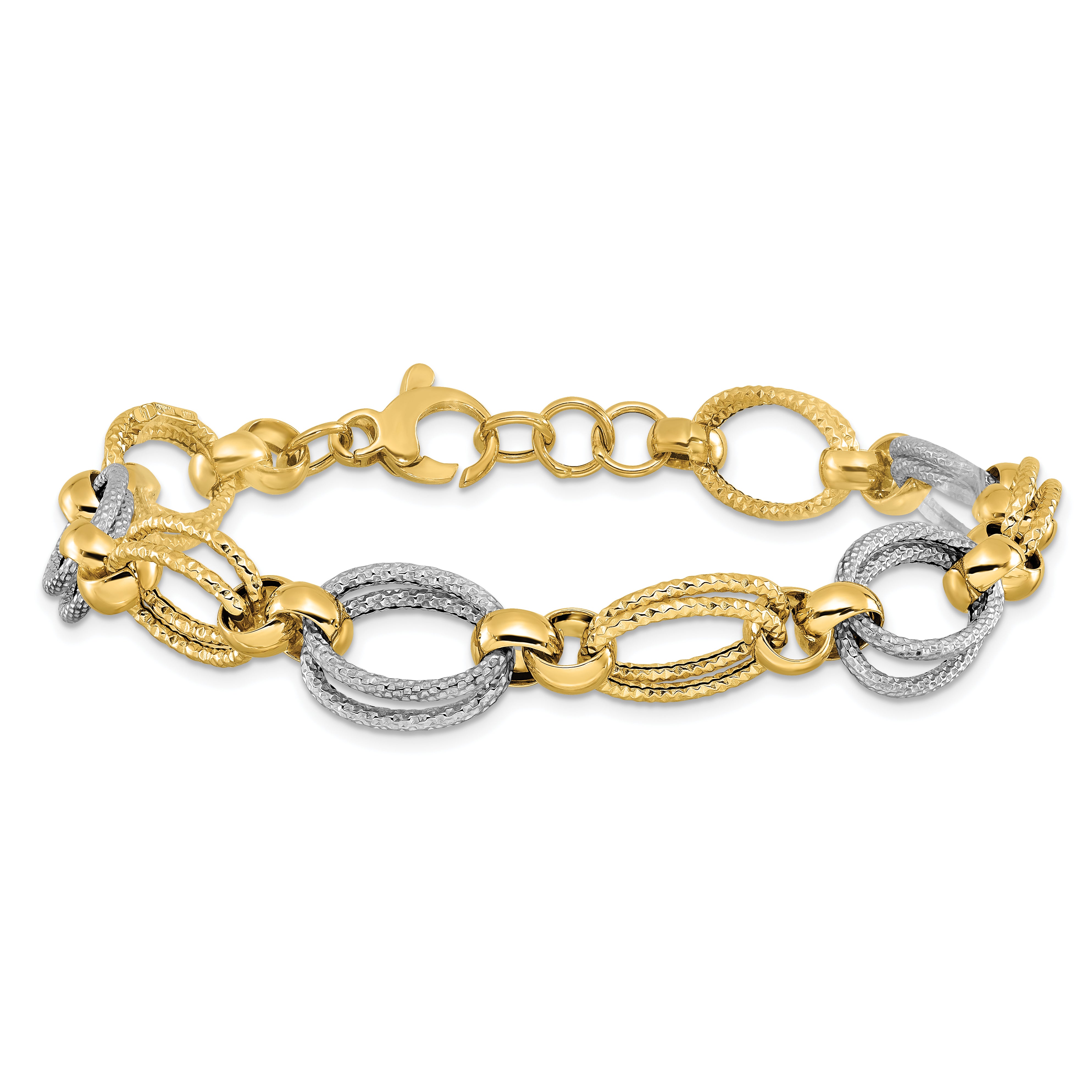 8 Inch 14K Two-Tone Polished And Textured Fancy Link Bracelet