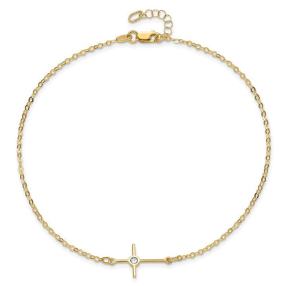 14K Yellow Gold Polished Cz Cross Anklet