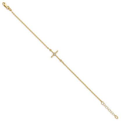 7 Inch 14K Polished Cz Cross 1In Ext. Bracelet