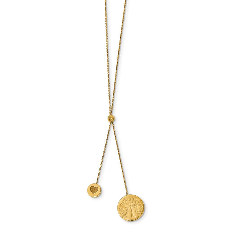 14K Yellow Gold Polished Textured Heart Family Tree 2In Ext. Necklace