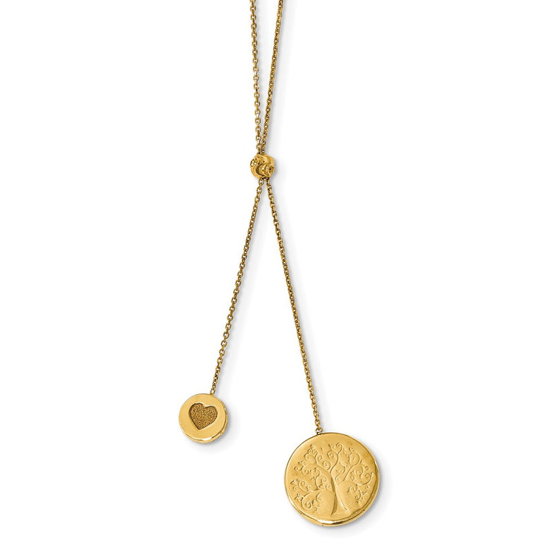 14K Yellow Gold Polished Textured Heart Family Tree 2In Ext. Necklace