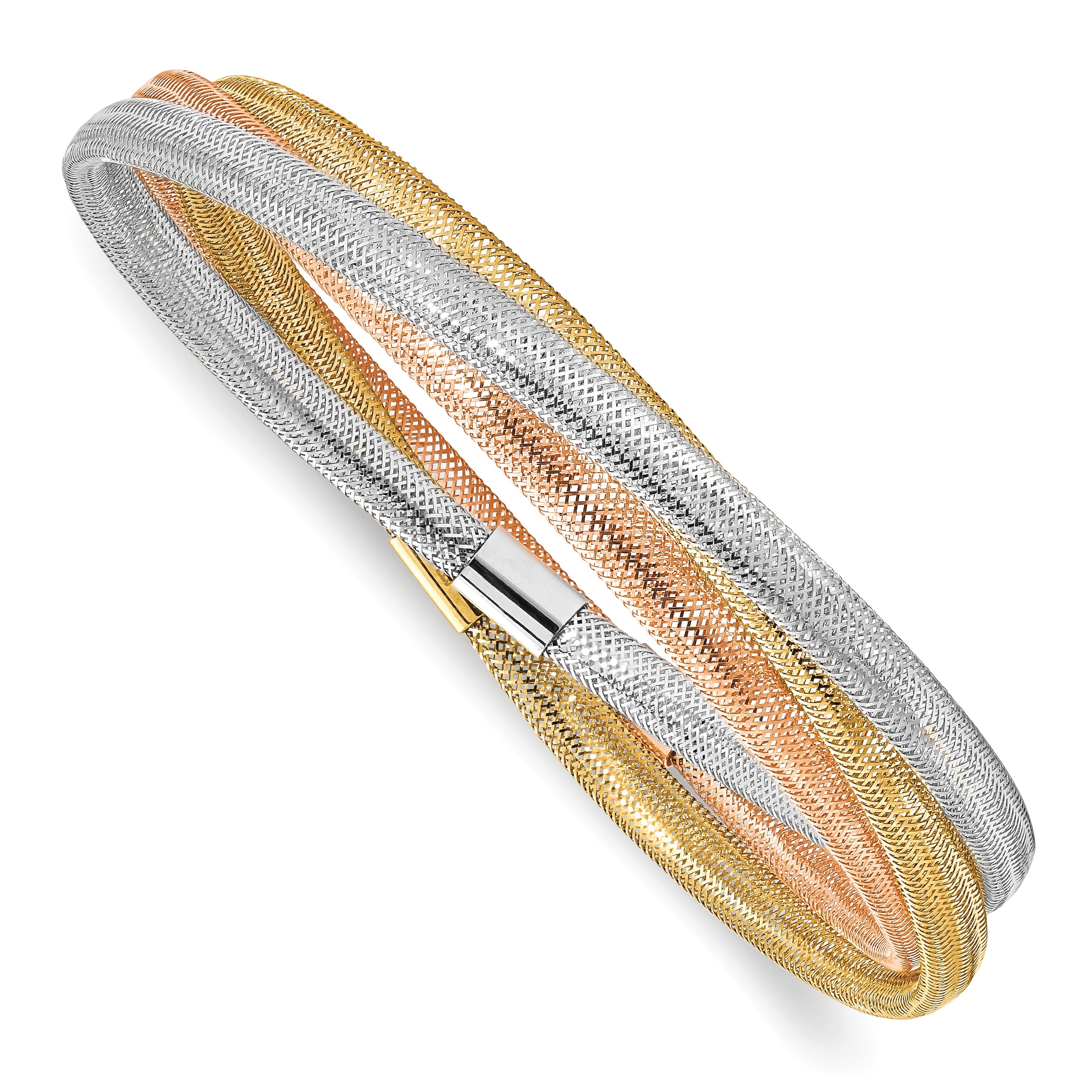 14K Yellow & Rhodium W/ Wht And Rose Gold Plating Stretch Bracelet