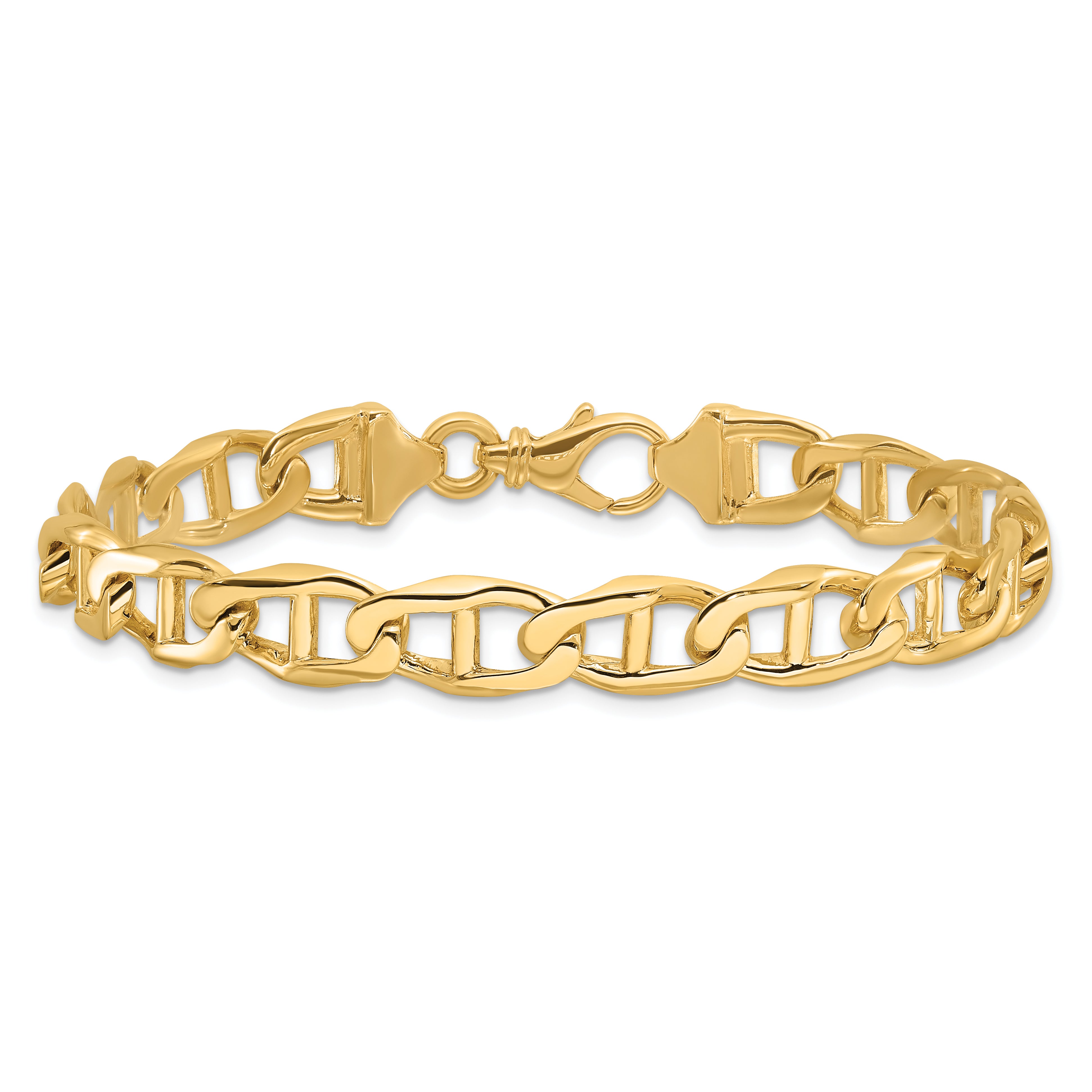 Solid 14K Yellow Gold 9 inch 9mm Hand Polished Fancy Anchor Link with Fancy Lobster Clasp Bracelet