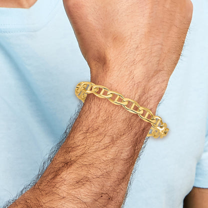 Solid 14K Yellow Gold 9 inch 9mm Hand Polished Fancy Anchor Link with Fancy Lobster Clasp Bracelet