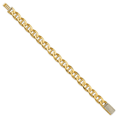 14k Yellow Gold 10.3mm Hand-Polished Anchor Link Diamond Clasp Chain Bracelet