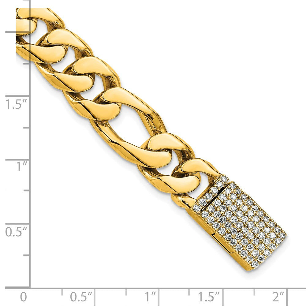 14K Yellow Gold 10mm Hand-Polished Figaro Link Diamond Clasp Chain Bracelet