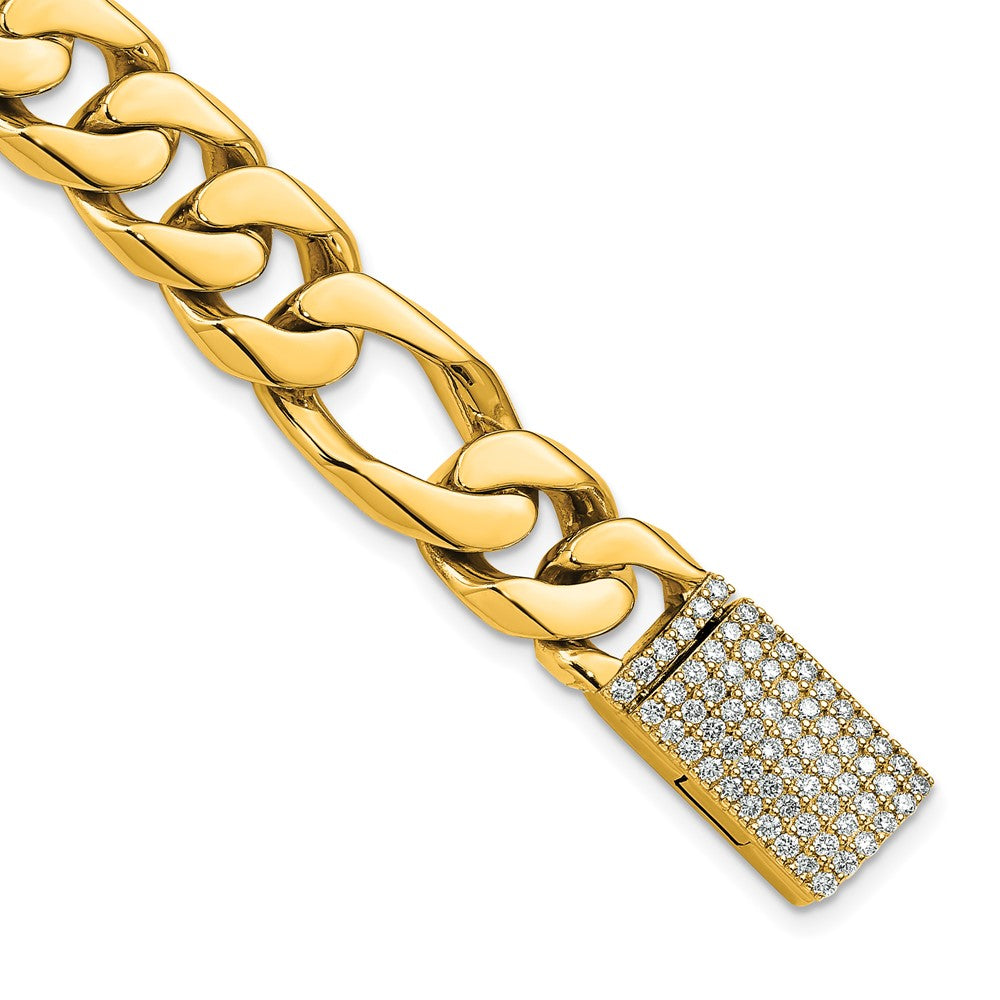14K Yellow Gold 10mm Hand-Polished Figaro Link Diamond Clasp Chain Bracelet