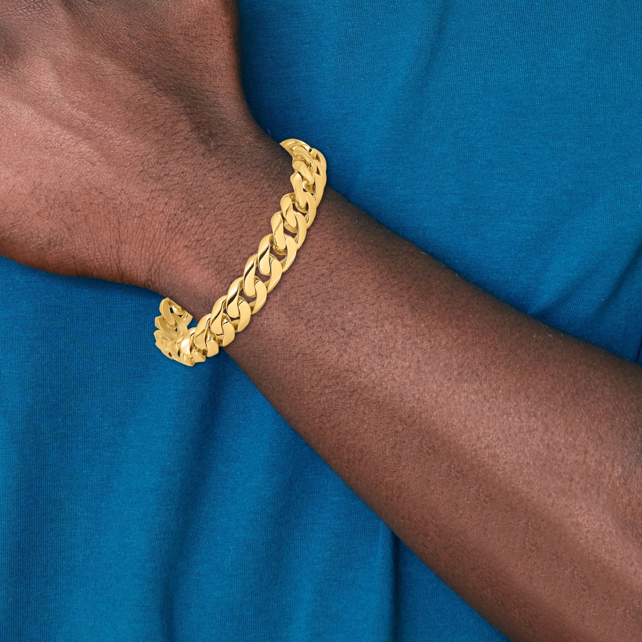 Solid 14K Yellow Gold 22 inch 10.8mm Hand Polished Rounded Curb Link with Box Catch Clasp Chain Necklace