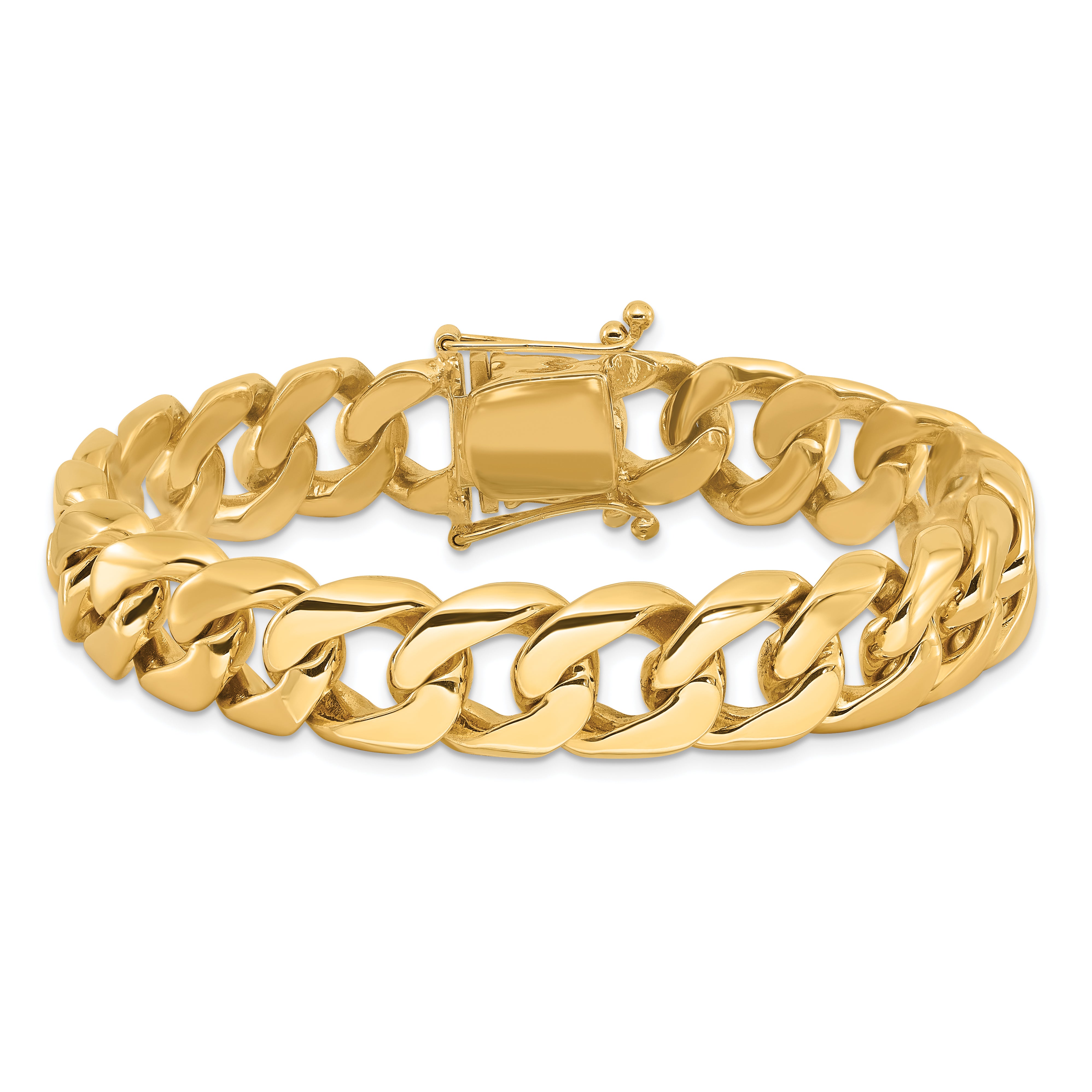 Solid 14K Yellow Gold 24 inch 13.4mm Hand Polished Rounded Curb Link with Box Catch Clasp Chain Necklace