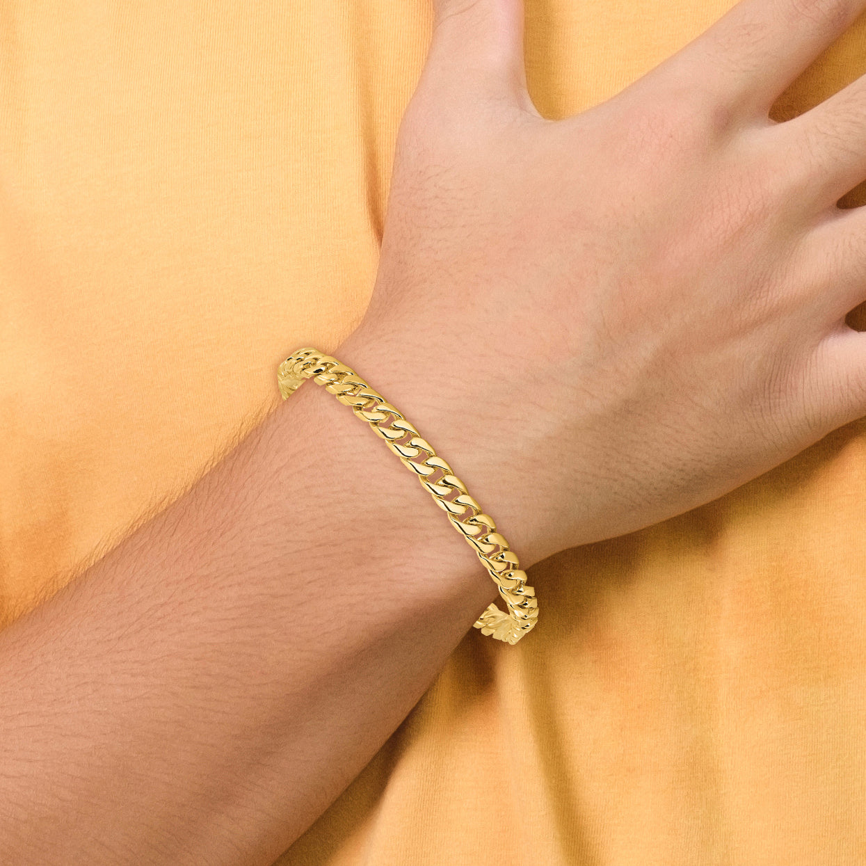 Solid 14K Yellow Gold 24 inch 6.8mm Hand Polished Flat Beveled Curb Link with Box Catch Clasp Chain Necklace