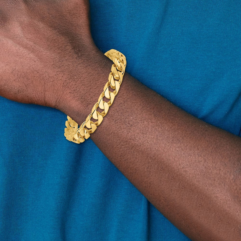 14K Yellow Gold 10.6mm Hand-polished Flat Beveled Curb Link Chain Bracelet