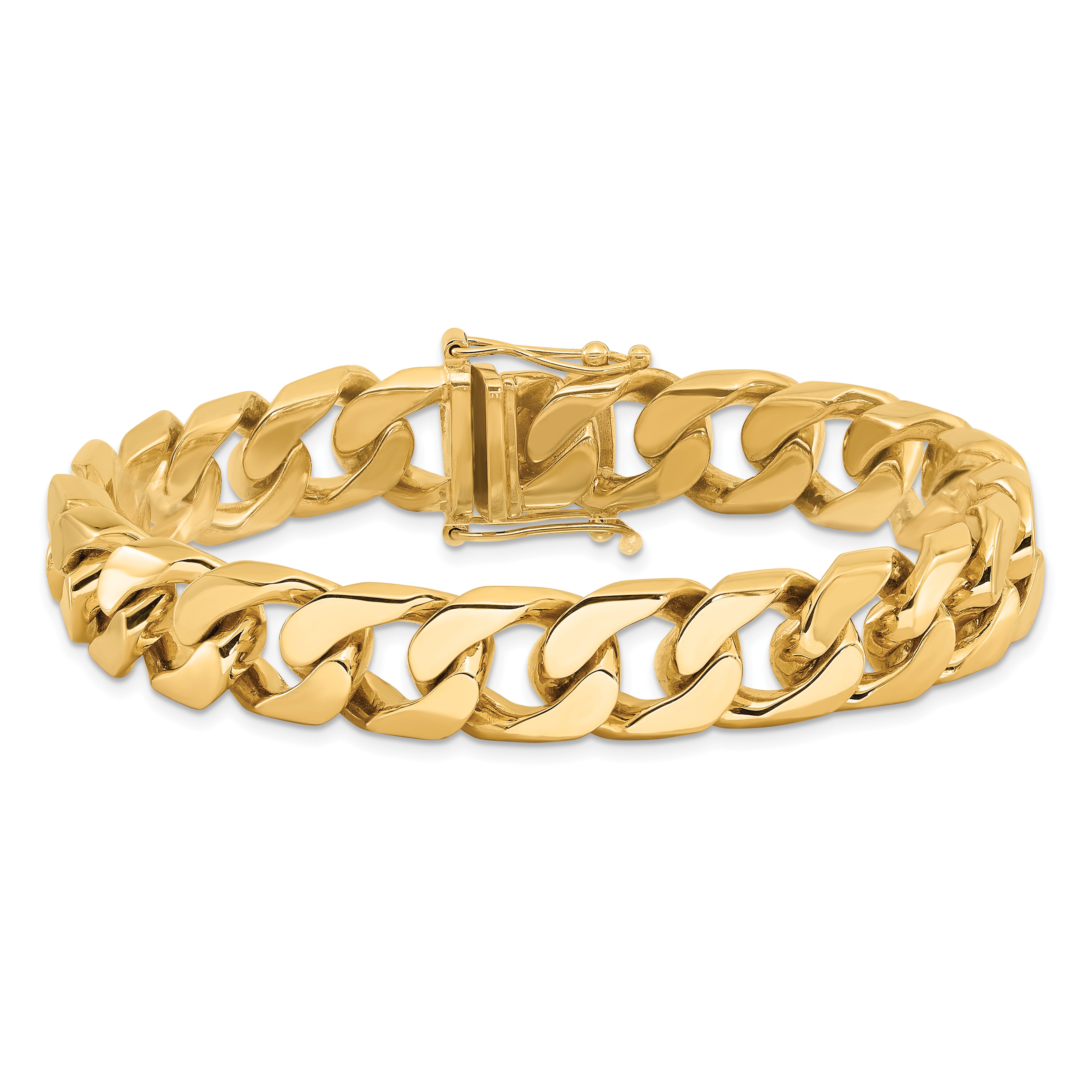 Solid 14K Yellow Gold 24 inch 12mm Hand Polished Flat Beveled Curb Link with Box Catch Clasp Chain Necklace