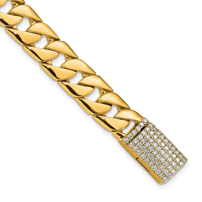 14k Yellow Gold 10.2mm Hand-polished Fancy Link Diamond Clasp Chain Bracelet